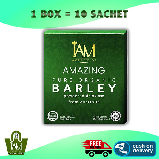 Box of IAM Amazing Pure Organic Barley powder with branding and logos, indicating it's a product from IAM Worldwide Corp.