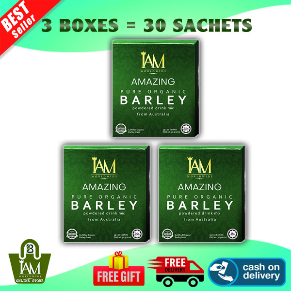 Three boxes of IAM Amazing Pure Organic Barley supplement, each box contains 10 sachets, total 30 sachets. The boxes are green with white text and display the product name and description.