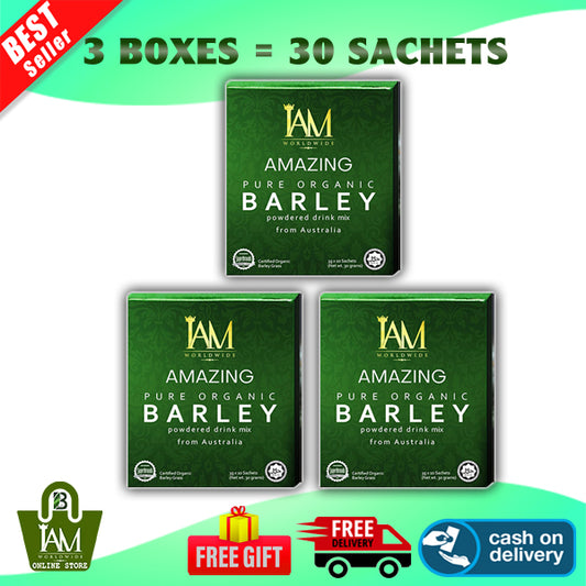 Three boxes of IAM Amazing Pure Organic Barley supplement, each box contains 10 sachets, total 30 sachets. The boxes are green with white text and display the product name and description.