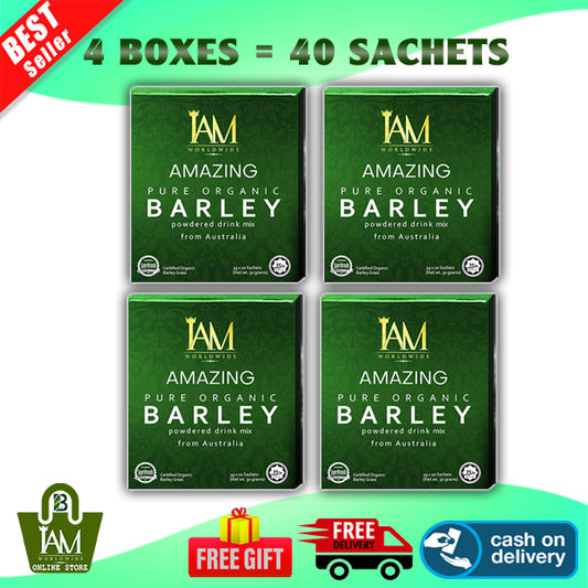 Four boxes of IAM Amazing Pure Organic Barley supplements, each containing 40 sachets. The packaging is green with the brand logo and text detailing the product as organic and from Australia.