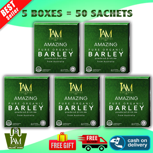 Five boxes of IAM Amazing Pure Organic Barley, each containing 50 sachets. Packaging is in green and white with text and the IAM logo.