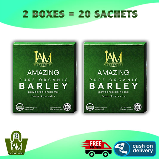 Two green boxes labeled 'AMAZING PURE ORGANIC BARLEY' by IAM, indicating it is a product related to health and wellness.